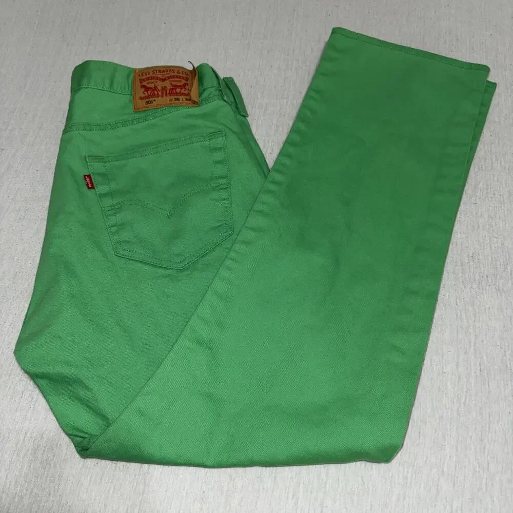 Levi’s 501 Jeans Men 36x32 34x30 Actual Lime Green Denim Straight Fit Button EUC